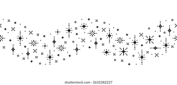 Pixel star sparkle wavy seamless border. Pixel art sparkles and glitter frame with 8 bit pixelated stars, magic twinkle in curved flowing pattern. Vector star dust.