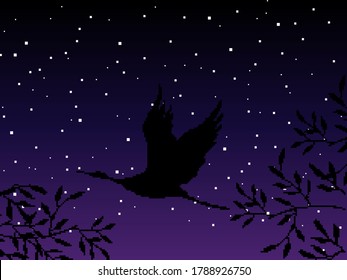 Pixel starry space vector background with bird and tree. Pixel art. Pixel space. 8 bit. 