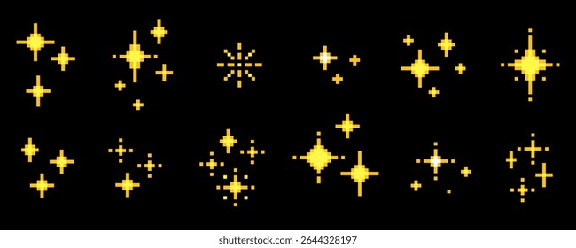 Pixel stars set for cosmic adventures, arcades, galaxy background. Yellow shine pixelated geometric shapes in space. Retro 8 bit gaming style sparkle icon pack. Minimal spark gold nostalgic elements