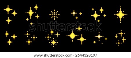 Pixel stars set for cosmic adventures, arcades, galaxy background. Yellow shine pixelated geometric shapes in space. Retro 8 bit gaming style sparkle icon pack. Minimal spark gold nostalgic elements