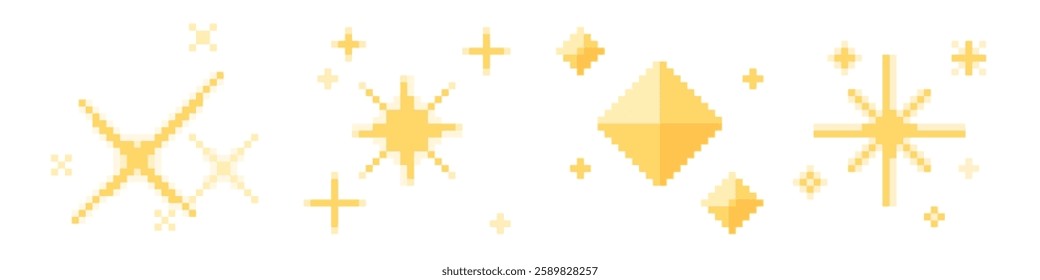 Pixel stars set - glowing yellow shapes in different geometric forms, sparkles and luminous crosses for space arcade game design. 8-bit digital elements. Retro style bright pixelated objects.