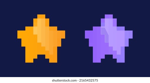 Pixel stars set. Graphic elements for website and stickers for social networks in retro style. Galaxies and universe, cosmic body in space or galaxy. Astronomy. Cartoon flat vector illustration