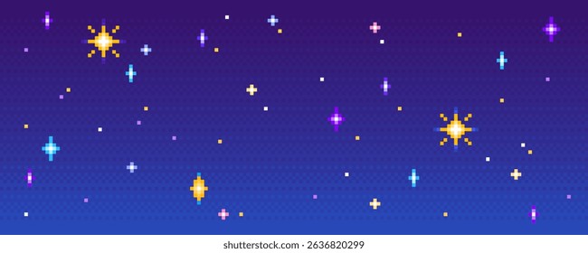 Pixel stars set on night sky background - colorful shining 8 bit shapes. Retro pixelated cosmic elements, gaming sprites for space adventures and arcade games. Minimalist nostalgic celestial assets.