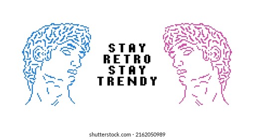 Pixel statue for t-shirt design with pixel font slogan. Tee shirt and apparel print in 8-bit retro games style. Pixelated sculpture print for t-shirt. Vector.