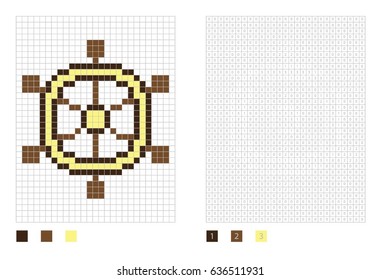Pixel steering wheel in the coloring page with numbered squares, vector illustration