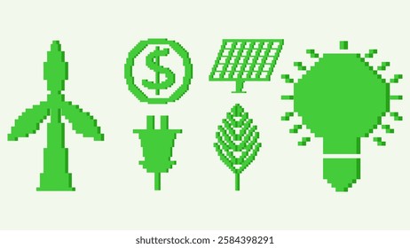 Pixel stickers with solar panel, leaf, light bulb, socket plug, wind turbine and coin