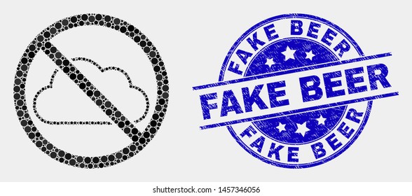 Pixel stop cloud mosaic icon and Fake Beer seal stamp. Blue vector rounded grunge seal stamp with Fake Beer text. Vector combination in flat style. Black isolated stop cloud mosaic of randomized dots,
