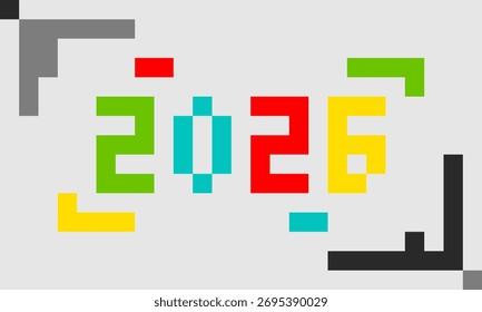 Pixel style 2026 design with bold colors and geometric layout, perfect for New Year themes, gaming content, digital celebration, or retro tech branding.