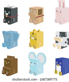 pixel style 9 animals / cat, dog, rabbit, elephant, tiger, cow, bear, mouse, penguin
