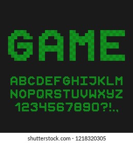Pixel style alphabet. 8-bit computer video game font. Vector.