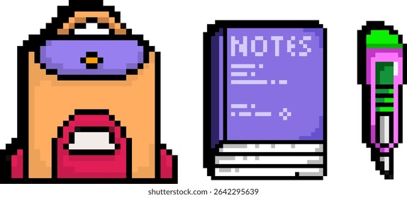Pixel style backpack, purple notebook, and pink green pen isolated on white background in bold educational icon composition. Concept of digital learning interface icons, student supplies infographic