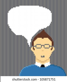 Pixel style businessman with speech cloud. Template foe a text