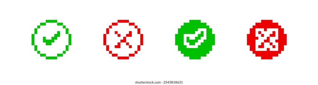 Pixel style checkmark and cross icons. Retro-inspired approval and rejection symbols