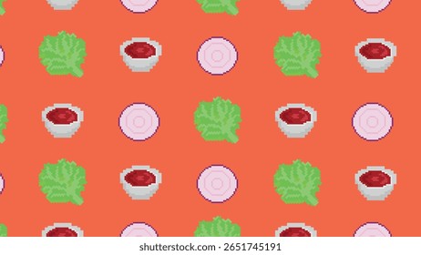Pixel style chili peppers, burgers, and onions on a purple grid background, perfect for spicy food designs, retro menus, and playful culinary themes.