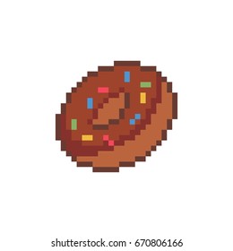 Pixel style chocolate donut - isolated vector illustration