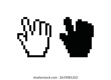 Pixel style cursor icons showing hand and closed fist in 8-bit retro design for digital user interface projects.