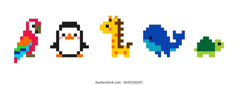 Pixel style cute animal collection in bead art design. Includes crab, penguin, frog, ladybug, rabbit, panda, dog, and duck. Perfect for children's craft, DIY projects, and educational materials.