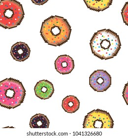 Pixel style delicious donut seamless pattern. Donuts in old school style. Vintage food.