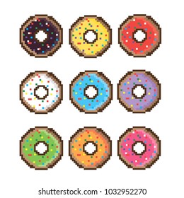 Pixel style delicious donuts - isolated vector illustration.