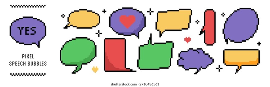 Colección de cuadros de diálogo de estilo de píxel. Globos de mensaje vacíos en diferentes Formas. Estilo de juego retro de 8 bits