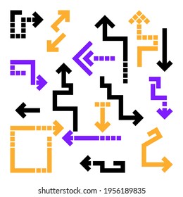 Pixel style directional arrows in bold black,yellow, and purple, set various geometric turns and angles for digital and retro themed designs.