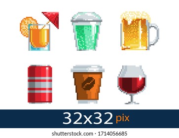 Pixel style drinks icon. Vector illustration 32x32 pix