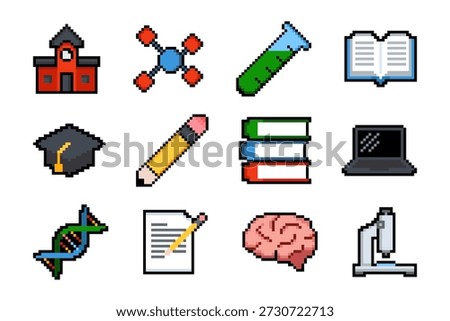 Pixel style education icon set isolated on white background