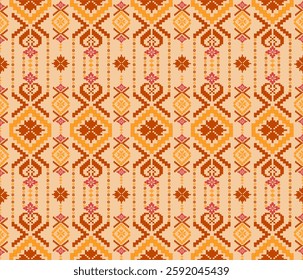 Pixel style fabric pattern traditional culture Floral patterns in yellow, orange, pink tones for textiles, fabric, curtains, carpets, pillows, accessories.