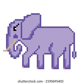 Pixel style fashion elephant isolated vector illustration. Cartoon pixel design. Purple pixel elephant for a game. Embroidering scheme of animal pixel art. Baby or big elephant. Graphic happy alphabet
