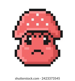 Pixel style fly agaric angry mushroom illustration. Cartoon red enraged face. Emoji convey anger, rage, hurt, grump. 90s retro video game aesthetic. Pixelated vintage nostalgic 8 bit flat design.