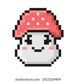 Pixel style fly agaric mushroom vector illustration. Cartoon funny face. 90s retro gaming aesthetic. Pixelated vintage nostalgic video computer game 8 bit design. Perfect mosaic 64 pixel fungi emoji.