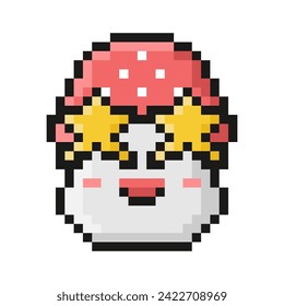 Pixel style fly agaric mushroom. Cartoon funny fungi face, stars for eyes. 90s retro video game aesthetic. Emoji convey seeing celebrity.Pixelated vintage nostalgic 8 bit design. Perfect 64 pixel.