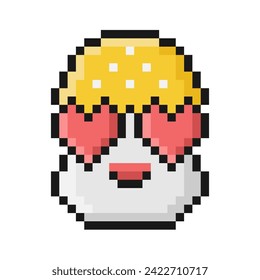 Pixel style fly agaric mushroom. Cartoon funny fungi face, hearts for eyes. 90s retro video game aesthetic. Emoji convey feelings of love, attraction. Pixelated vintage nostalgic 8 bit design.