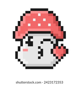 Pixel style fly agaric mushroom. Face Blowing a Kiss. Cartoon smile funny face. 90s retro video game aesthetic. Emoji convey feelings of love and affection. Pixelated vintage nostalgic 8 bit design. svg