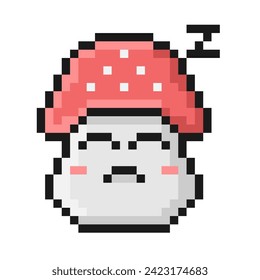 El estilo de la Pixel es la mosca de la seta agaric. Ilustración del vector facial durmiente. Caricatura sonríe cara graciosa. Estética de videojuegos retro de los años 90. Emoji para transmitir buenas noches. Diseño nostálgico vintage pixelado de 8 bits.