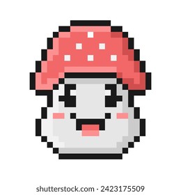 Pixel style fly agaric mushroom. Cartoon smile face with tongue out. 90s retro video game aesthetic. Emoji to convey feelings of yum, tasty, delicious. Pixelated vintage nostalgic 8 bit design.