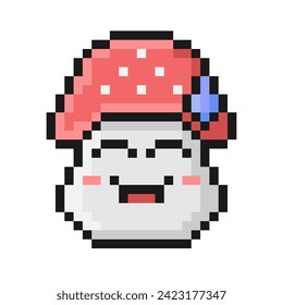 Pixel-Stil Fliege agaric Pilz. Cartoon grinsend Lächeln Gesicht mit Schweiß. Retro-Videospiel-Ästhetik der 90er Jahre. Emoji zu vermitteln Gefühle Nerven, Unbehagen, wo. Pixel Vintage nostalgisches 8-Bit-Design.