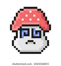 Pixel style fly agaric mushroom illustration. Cartoon face with spiral eyes. Emoji  to indicate dizziness, hypnosis, disorientation. Pixelated vintage nostalgic 8 bit design. 90s retro video game.