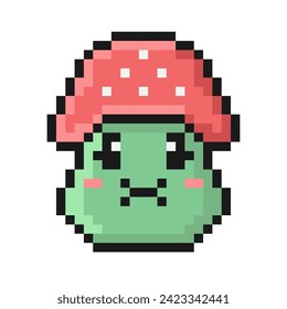 Pixel style fly agaric mushroom illustration. Cartoon green nauseated face. Emoji  represent physical illness, disgust, sick, vomit. Pixelated vintage nostalgic 8 bit design. 90s retro video game.