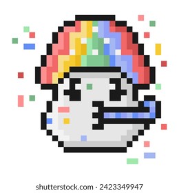Pixel style fly agaric mushroom illustration. Cartoon party face with party hat, blowing horn, confetti floats around head. Emoji for celebrate joy occasion and enjoy good times. 90s retro video game