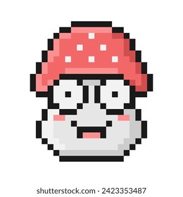 Ilustración de hongos agaric estilo Pixel. Cara nerd de caricatura con gafas. Símbolo emmoji para geek, transmite un sentido de inteligencia. Estética de videojuegos retro de los años 90. Píxel de mosaico perfecto 64.