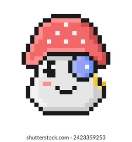 Pixel style fly agaric mushroom illustration. Cartoon face with monocle. Emoji show ponder, consider, skeptic, ironic, sophistication. 90s retro video game aesthetic. Perfect mosaic pixel 64.