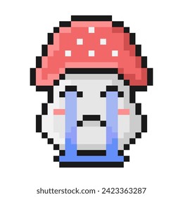 Pixel style fly agaric mushroom illustration. Cartoon loudly crying face with streams of heavy tears. Emoji convey inconsolable grief, sad. 90s retro video game aesthetic. Perfect mosaic pixel 64