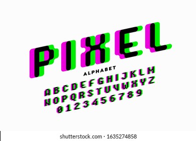 Pixel style font, alphabet letters and numbers, vector illustration