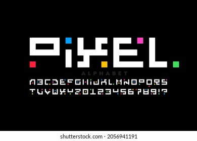 Pixel style font, alphabet letters and numbers vector illustration
