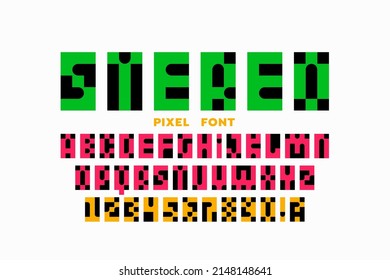Schriftart im Pixel-Stil, Buchstaben und Zahlen, Vektorgrafik