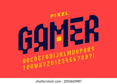 Pixel style font design, alphabet letters and numbers, vector illustration