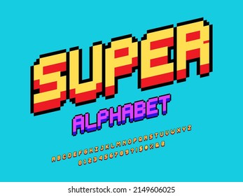pixel style font design with uppercase, numbers and symbol
