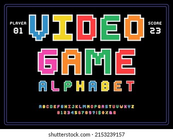 Schriftart mit Großbuchstaben, Zahlen und Symbolen im Pixelstil
