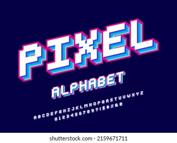 pixel style font design with uppercase, numbers and symbol